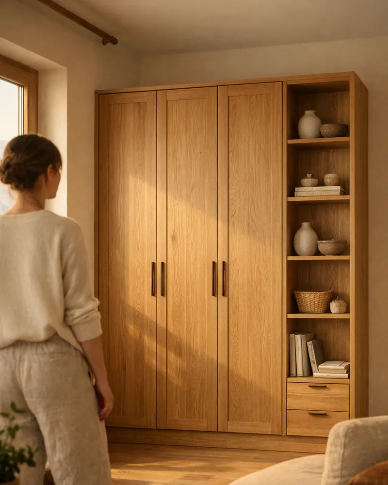 Wohnraum mit maßgefertigtem Eichenschrank